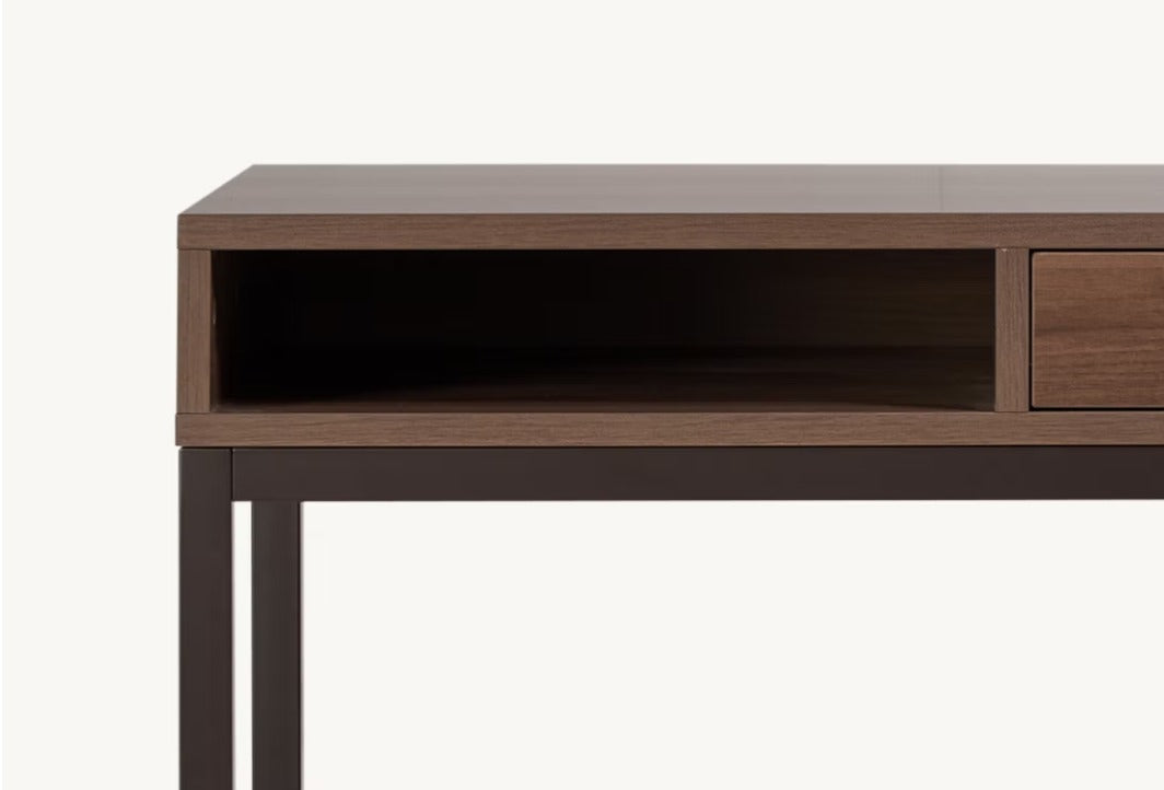 Wooden console table with a dark finish on a white background