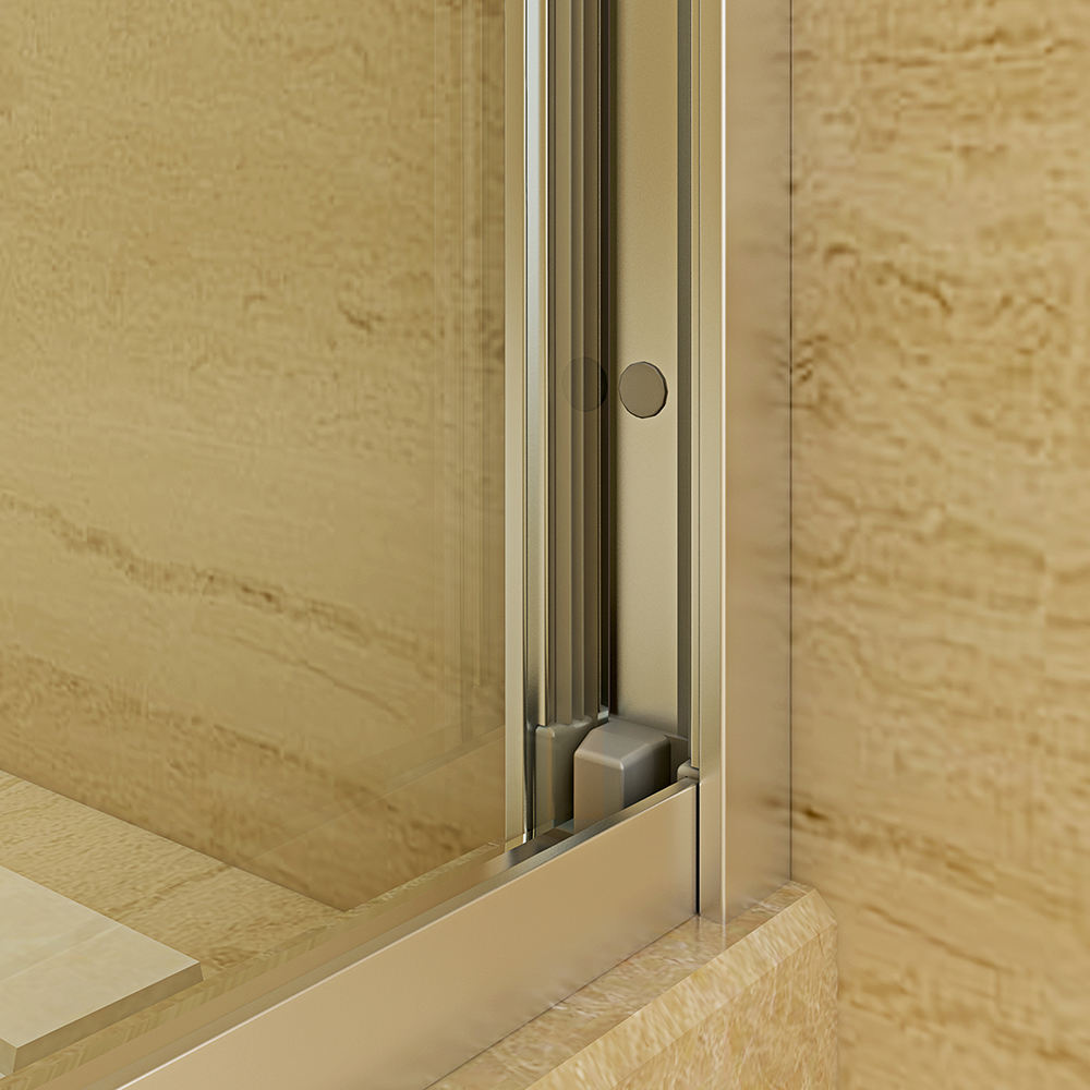 Close-up of a shower door with beige tiled wall