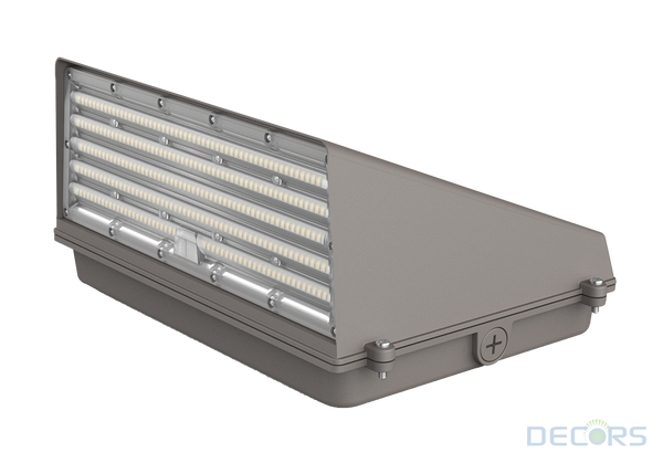 A modern rectangular LED wall light fixture with a gray housing, multiple rows of illuminated LED chips under a clear cover, and mounting brackets on the sides, shown on a white background with a DECORS watermark.