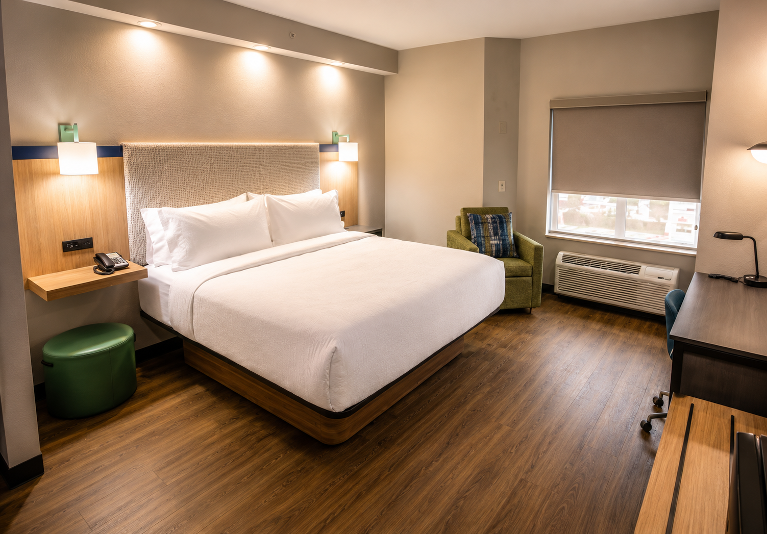 A clean, modern hotel room featuring a large bed with white linens, a wood headboard, a green armchair with a plaid pillow, a green ottoman, and wood-look flooring.