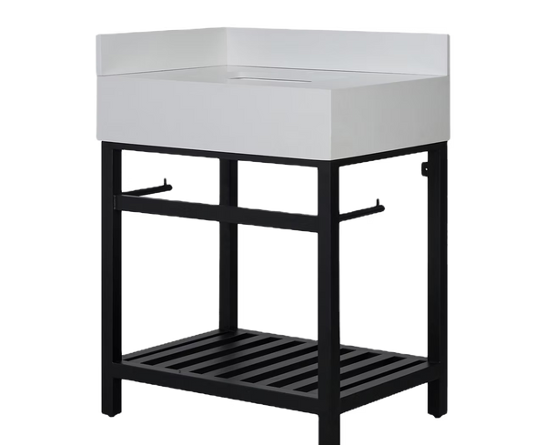 Black metal display stand with a white top on a transparent background