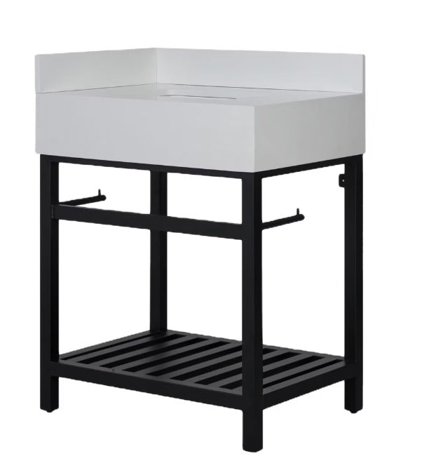 A modern single-sink bathroom vanity with a white rectangular countertop and basin, supported by a black metal frame with an open lower shelf and towel bars, shown on a plain white background.