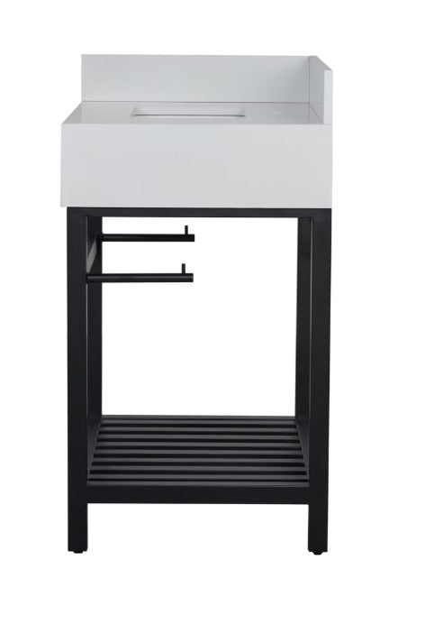 A modern single-sink bathroom vanity with a white apron-front sink cabinet and a black metal frame, shown on a plain white background.