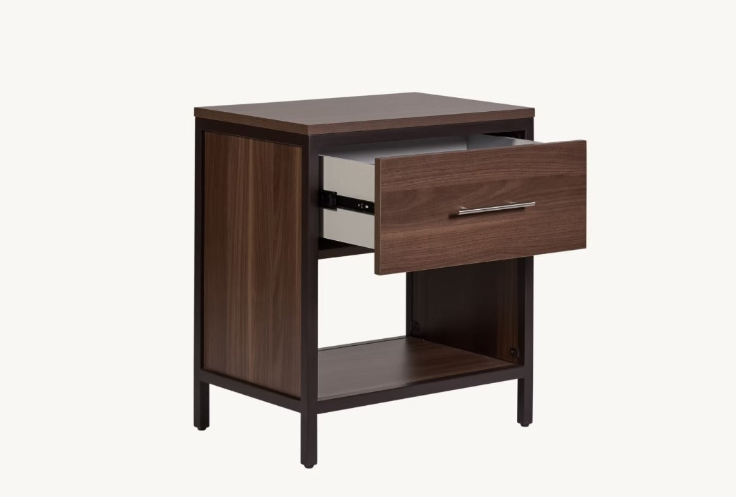 Wooden nightstand with a drawer on a white background