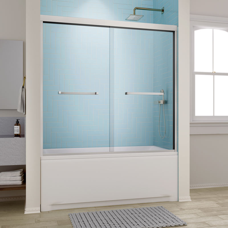 Modern shower enclosure with glass doors in a bathroom setting
