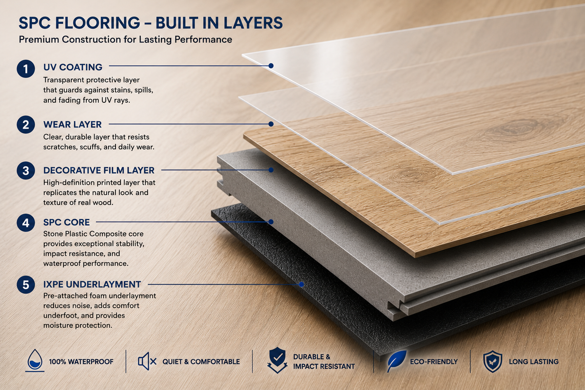 An infographic diagram explaining the layered construction of SPC flooring, showing five distinct layers with labels and callouts on a wood-look floor background.
