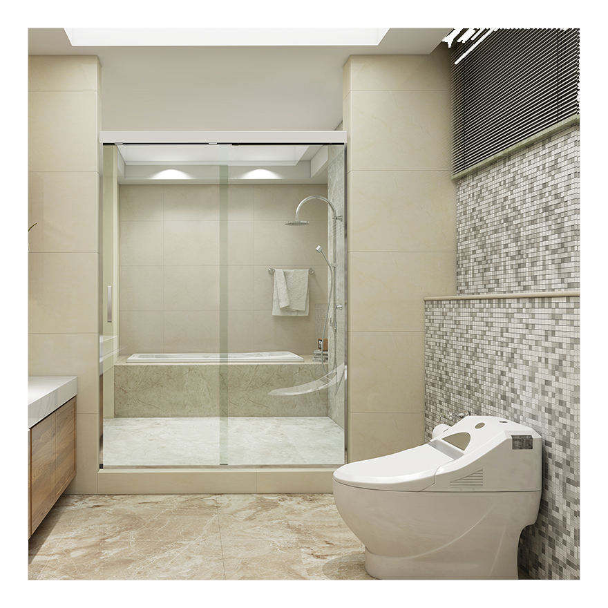 Modern bathroom with shower, bathtub, and toilet.