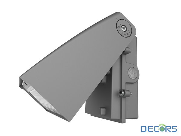 A gray adjustable outdoor wall-mounted spotlight with a hinged arm, shown at an angle on a white background with a DECORS logo in the bottom right corner.