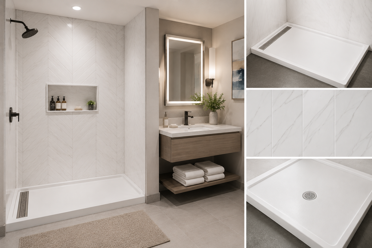 A modern bathroom interior with a walk-in shower, vanity, and mirror, plus three inset close-up views showing a white shower tray, marble-look wall tile, and a white drain area.